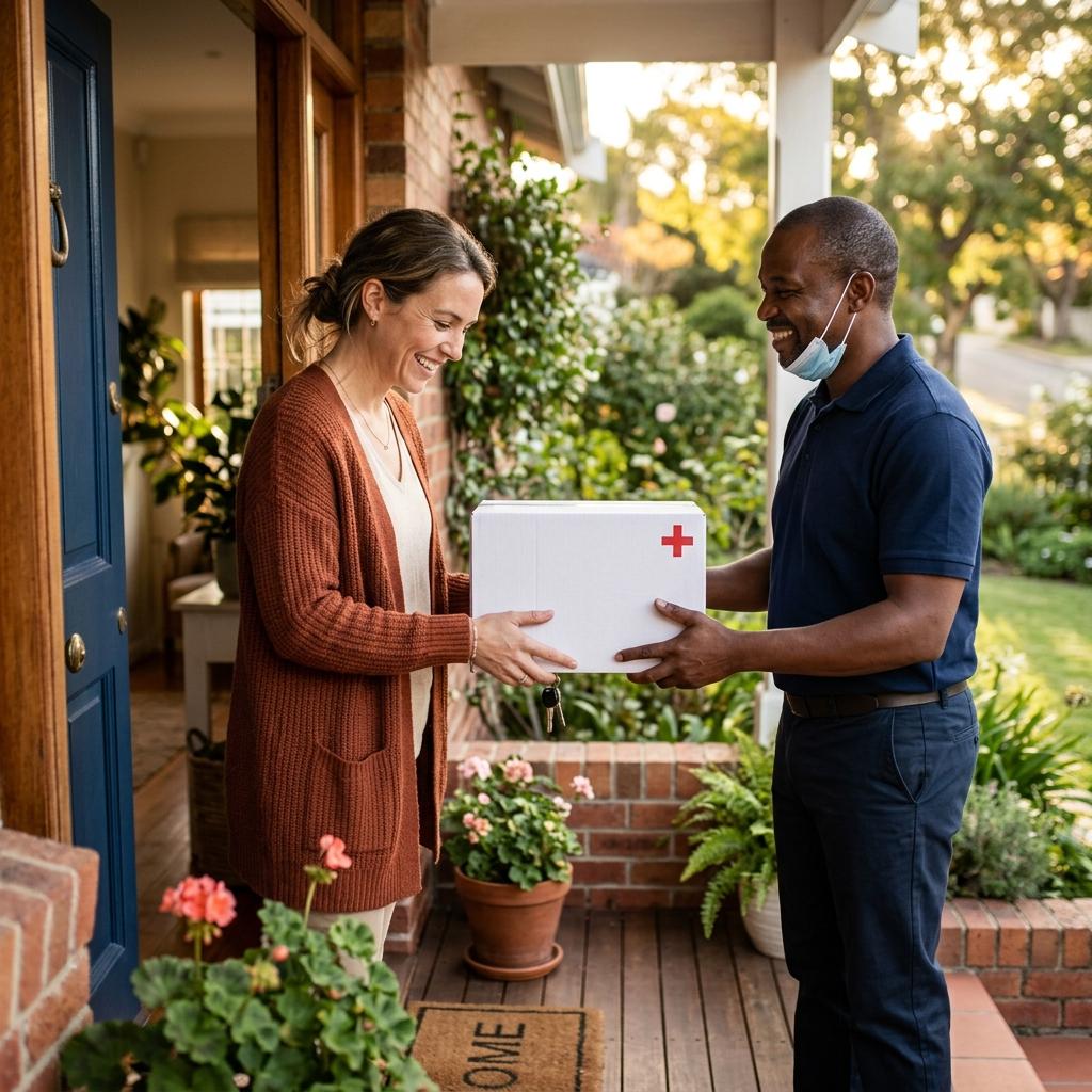 Patient receiving a home delivery of medication at their front door