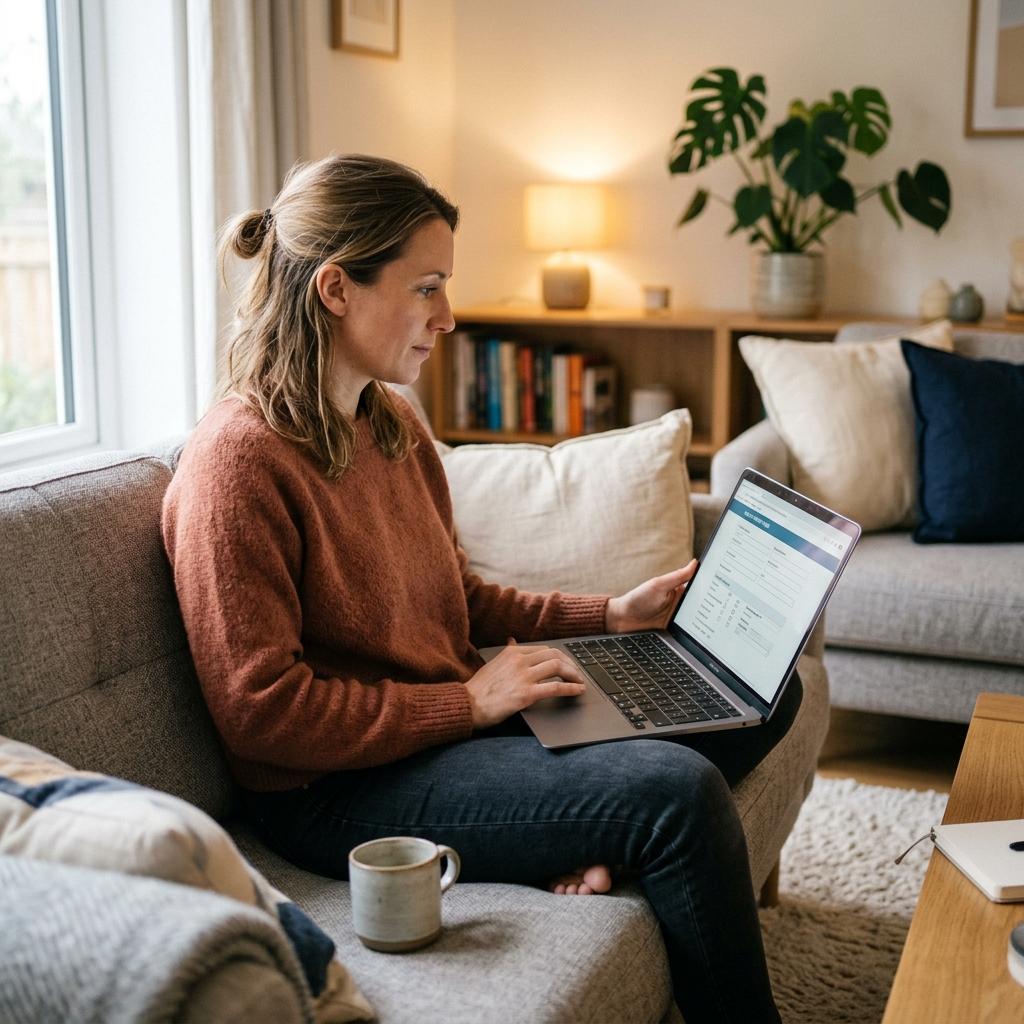 Woman filling out a health questionnaire on her laptop at home