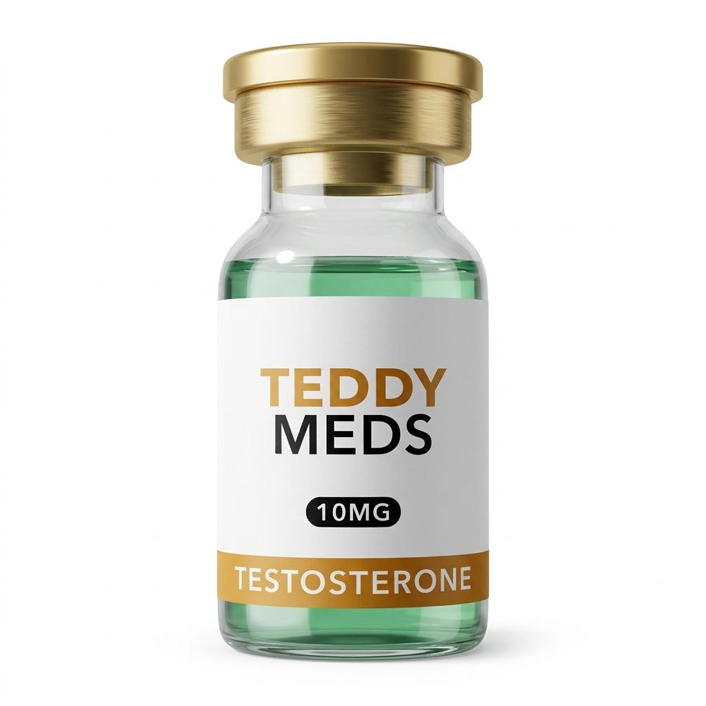 Teddy Meds branded hormone therapy vial with green liquid