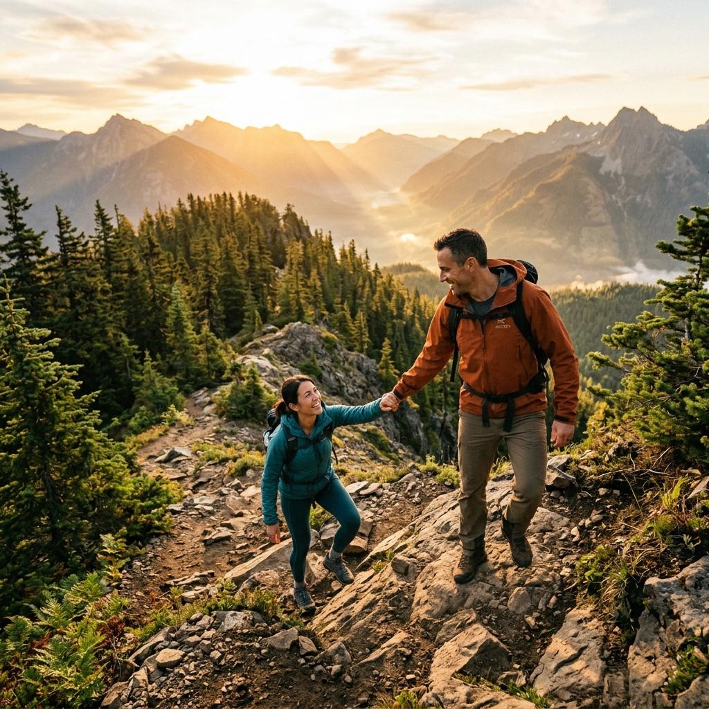 Active couple hiking at sunrise representing vitality through hormone replacement therapy