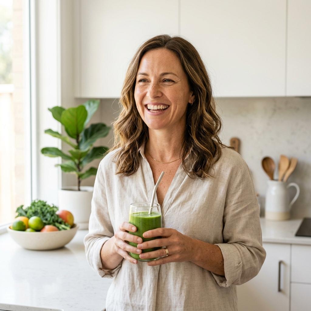 Radiant healthy woman in her 40s representing hormone replacement therapy wellness