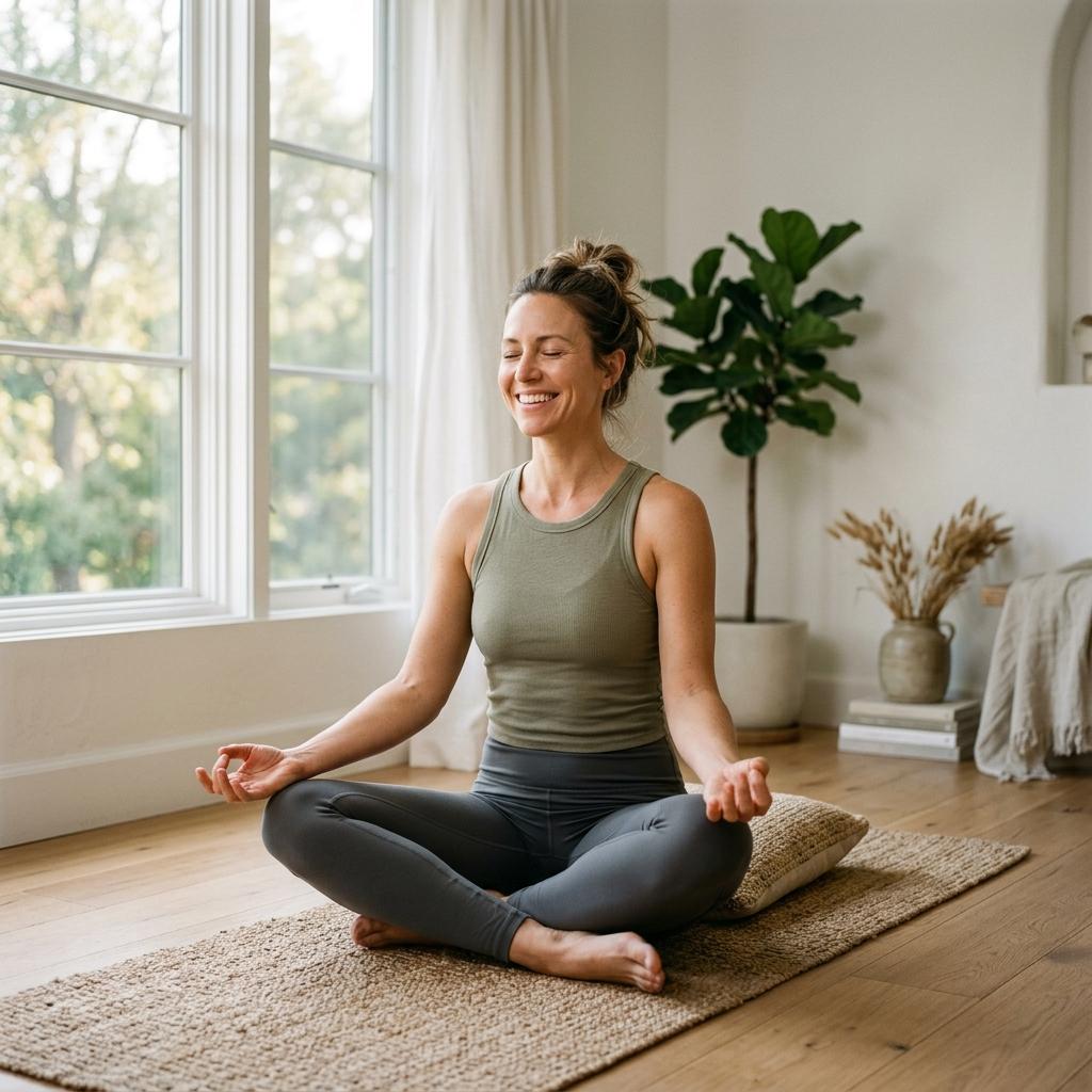 Woman doing morning yoga meditation at home representing wellness therapy programs